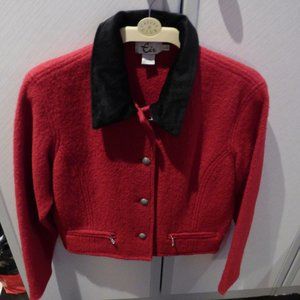 Eir red wool jacket / cardigan with black velvet collar EU L